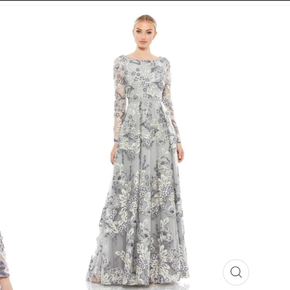 Mac Duggal Silver Floral Embellished Illusion Long Sleeve A Line Gown Size 10